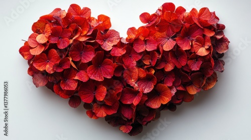 Romantic scene with red hearts arranged in the shape of a heart on white, symbolizing love and affection.