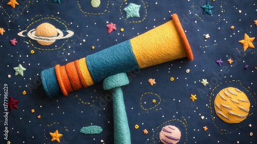 Handcrafted Felt Telescope Exploring a Starry Night Embroidered Universe
