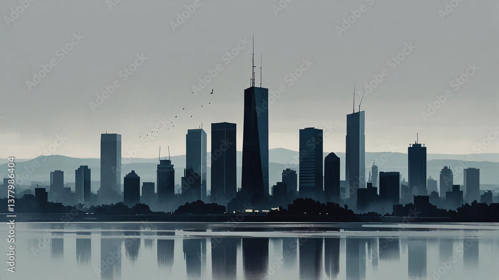 Fototapeta premium artist's painting, modern abstract art, calm colors, clear lines, city landscape in a minimalist styl