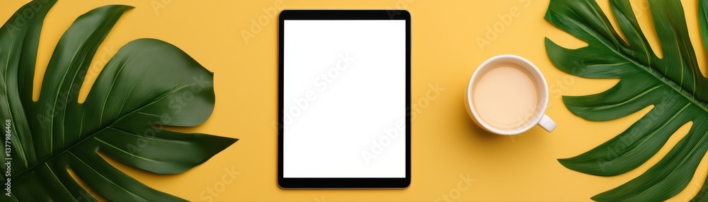 Minimalist workspace with tablet and coffee cup Minimalist workspace with tablet and coffee cup