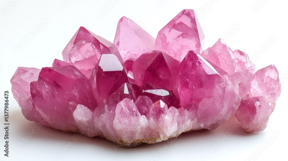 Pink quartz crystal cluster shining on white background Pink quartz crystal cluster shining on white background