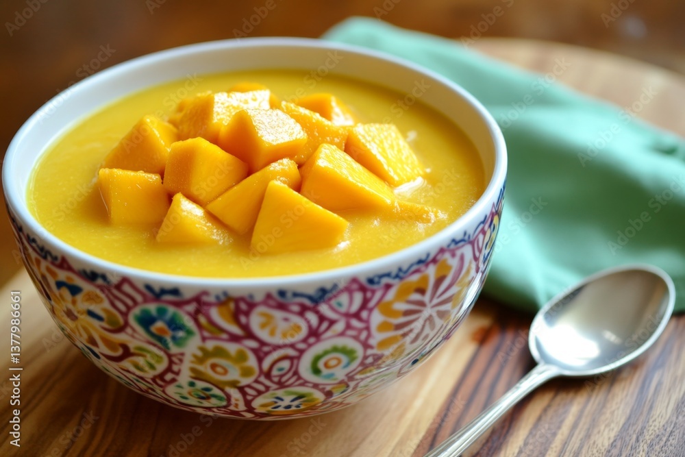 Mango soup in ornate bowl on wooden board with napkin Mango soup in ornate bowl on wooden board with napkin