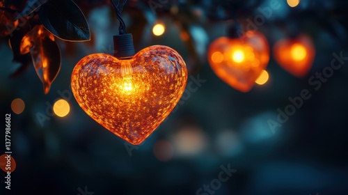 Warm heart-shaped string lights glowing against a dark background, creating a romantic ambiance perfect for special events.