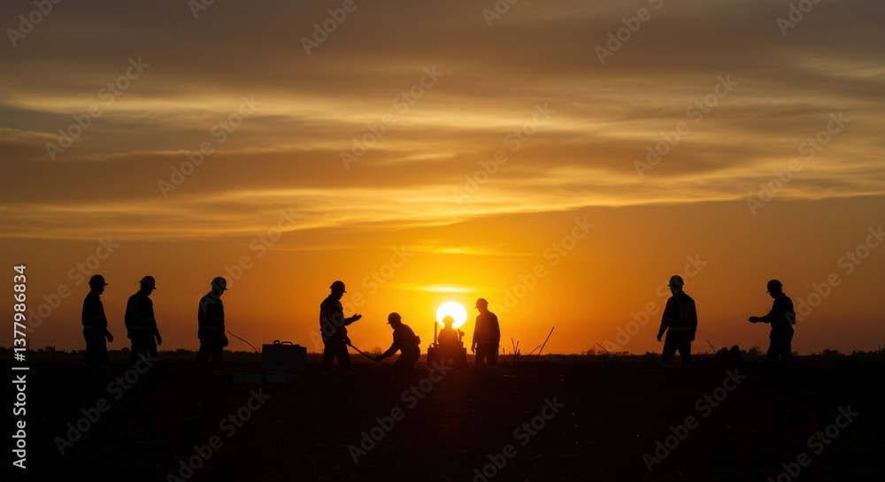 Fototapeta premium Silhouetted Workers Against a Brilliant Sunset with Warm Tones and Subtle Cloud Patterns