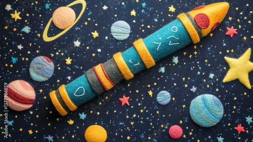 Whimsical Felt Rocket Ship in a Starry Night Sky
