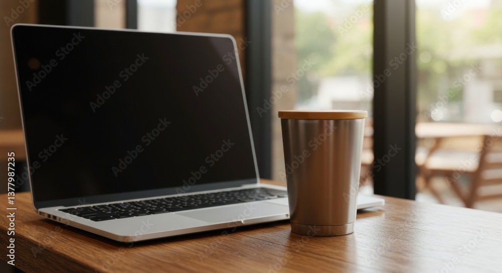 A stylish reusable coffee cup sits next to a laptop on a wooden table, showcasing a modern workspace or café atmosphere A stylish reusable coffee cup sits next to a laptop on a wooden table, showcasing a modern workspace or café atmosphere