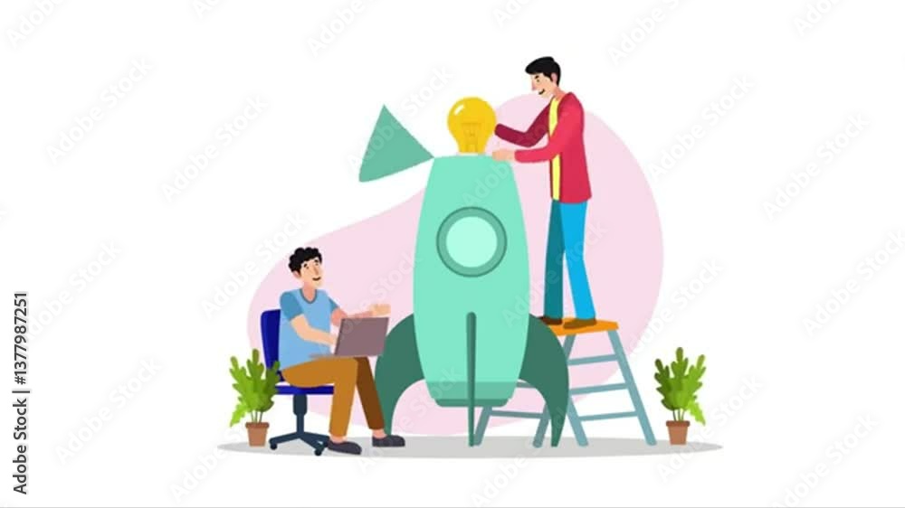 Innovative teamwork and creativity shine in this illustration, featuring collaboration in modern office with laptop, light bulb, and rocket, showcasing power of technology. Innovative teamwork and creativity shine in this illustration, featuring collaboration in modern office with laptop, light bulb, and rocket, showcasing power of technology.