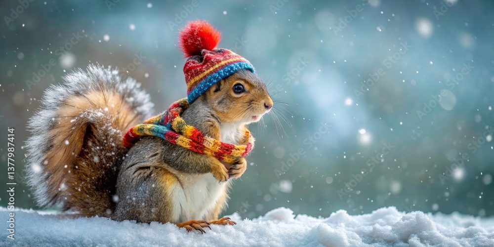 A fluffy-tailed squirrel, bundled in a vibrant winter hat and scarf, sits serenely amidst a gentle snowfall. A fluffy-tailed squirrel, bundled in a vibrant winter hat and scarf, sits serenely amidst a gentle snowfall.