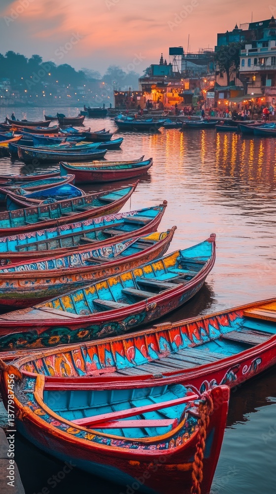Obraz premium Decorated wooden boats near glowing ghat at twilight 6