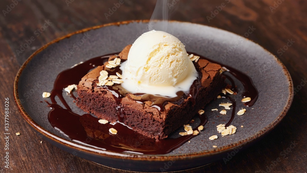A mouthwatering warm brownie served with a scoop of vanilla ice cream and sprinkled oats, capturing the essence of comfort food with steam and vivid colors. A mouthwatering warm brownie served with a scoop of vanilla ice cream and sprinkled oats, capturing the essence of comfort food with steam and vivid colors.