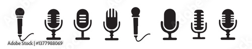 Microphone icon collection. Icons for podcasting, voice recognition, and recording. Vector illustrations.