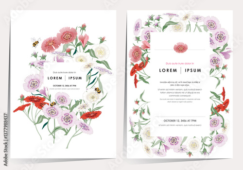  A Colorful Field of Blooming Dianthus Flowers. Vector illustration of template set in Minhwa, Korean Folk Painting Style 	
