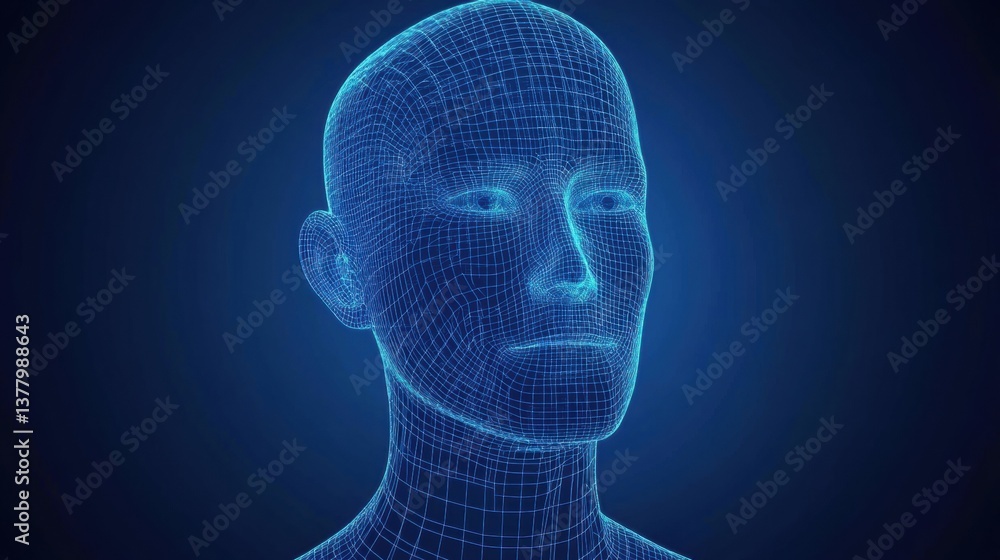 Abstract Digital Human Head Composed of Glowing Blue Points on Dark Background Abstract Digital Human Head Composed of Glowing Blue Points on Dark Background