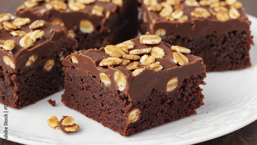 Indulge in these mouthwatering brownie fudge squares topped with crunchy oats, beautifully captured in macro photography, highlighting their rich texture and inviting appearance. Indulge in these mouthwatering brownie fudge squares topped with crunchy oats, beautifully captured in macro photography, highlighting their rich texture and inviting appearance.