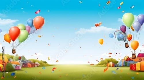 Colorful Balloons Float Over Festive Village Scene