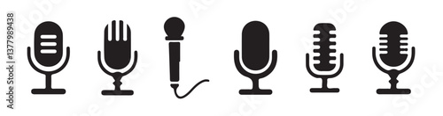 Microphone icon collection. Icons for podcasting, voice recognition, and recording. Vector illustrations.