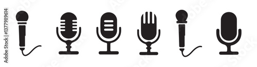 Microphone icon collection. Icons for podcasting, voice recognition, and recording. Vector illustrations.