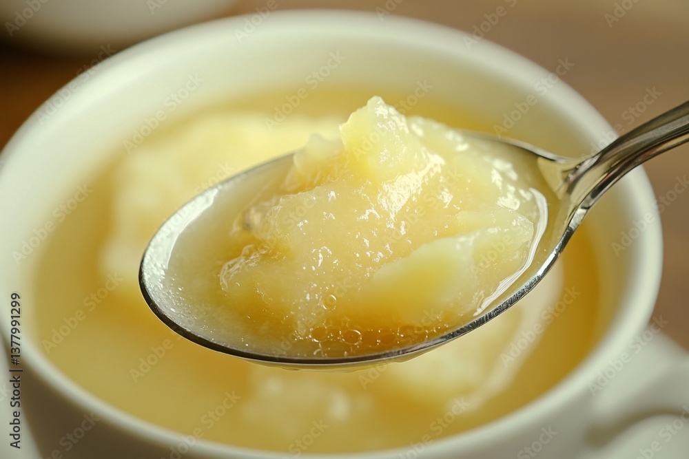 Spoonful of golden clarified butter in a white cup on a wooden table Spoonful of golden clarified butter in a white cup on a wooden table
