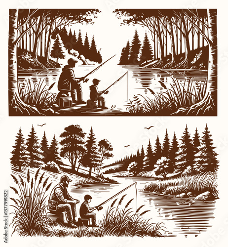 Dad And Son Doing Fishing Silhouette