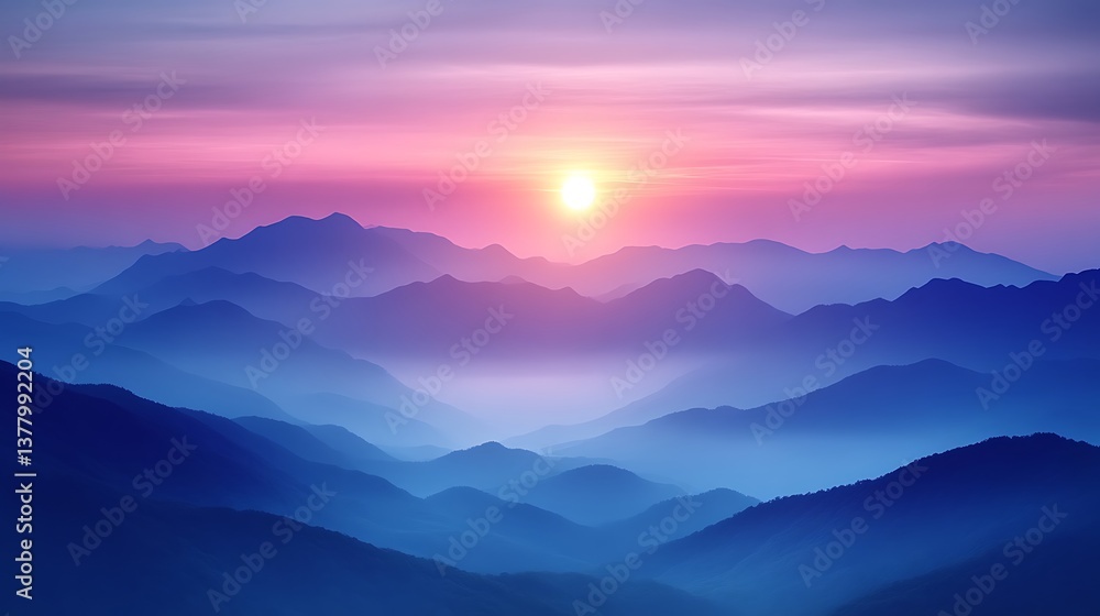 Fototapeta premium Serene Sunset Over Misty Mountain Ranges
