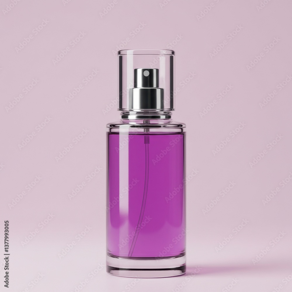 A perfume bottle with purple liquid and a silver sprayer on a light pink background studio shot A perfume bottle with purple liquid and a silver sprayer on a light pink background studio shot