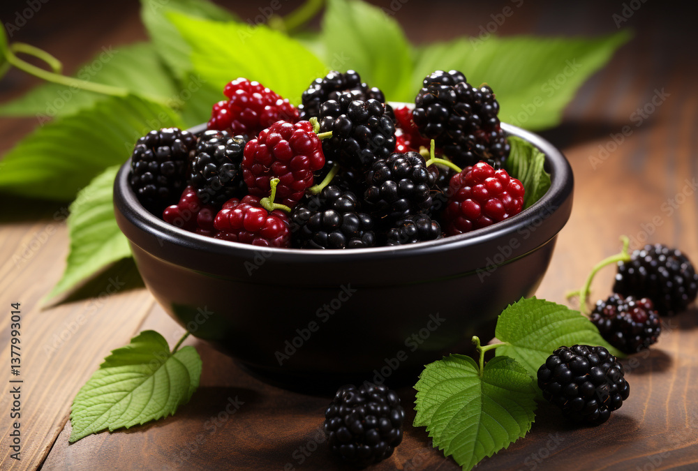 Fresh Mulberries in a Ceramic Bowl – Rich Black and Red Tones Fresh Mulberries in a Ceramic Bowl – Rich Black and Red Tones