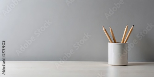 Simple wooden pencils in a minimalist white holder on a clean off-white surface against a neutral grey backdrop