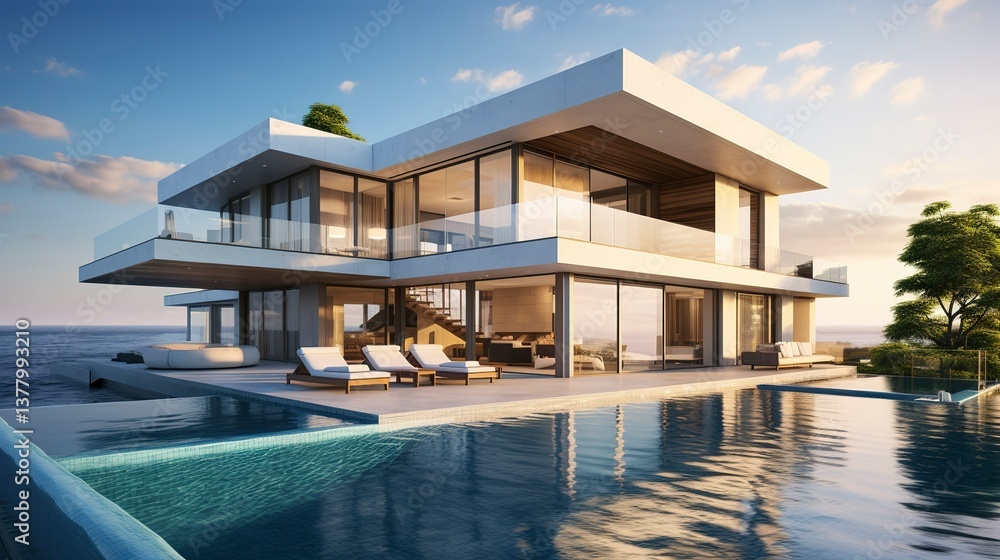 Fototapeta premium A photo of a triple-story house with infinity pool. ,