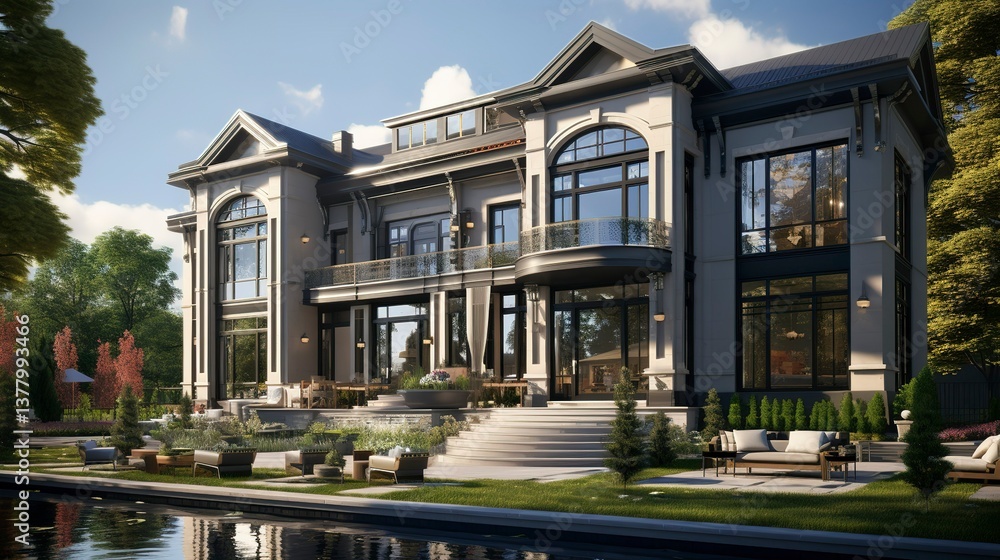 Obraz premium A photo of a triple-story house with large windows.
