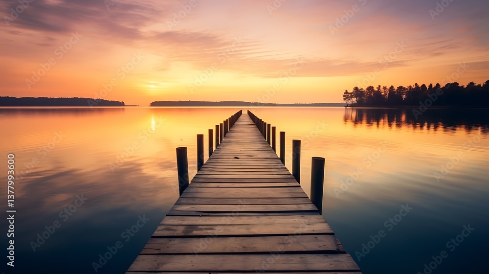 Fototapeta premium Wooden Pier Extending Into Calm Sunset Lake