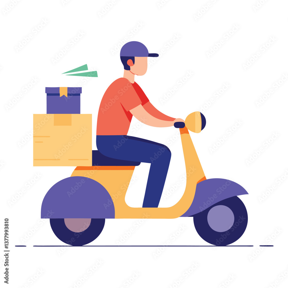 Courier Rides a Scooter with Parcels, Isolated on a White Background, Modern Courier Rides a Scooter with Parcels, Isolated on a White Background, Modern