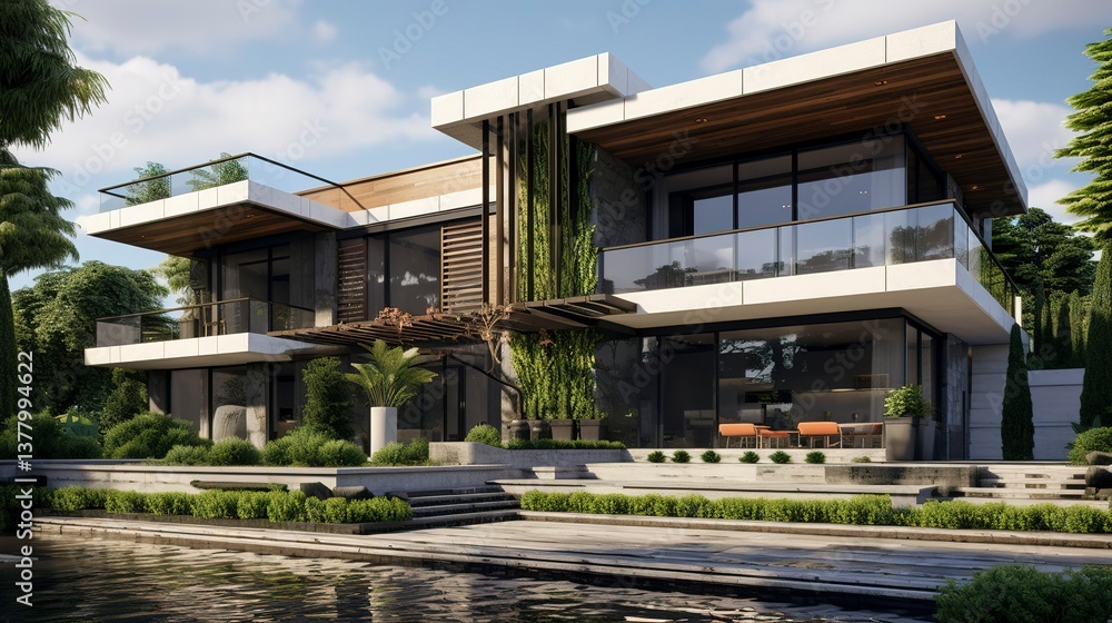 Fototapeta premium A photo of a triple-story house with modern textures. ,