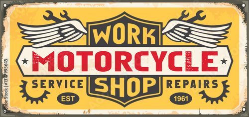 Motorcycle workshop vintage sign with retro emblem and lettering on yellow background. Transportation service and repair vector logo image.