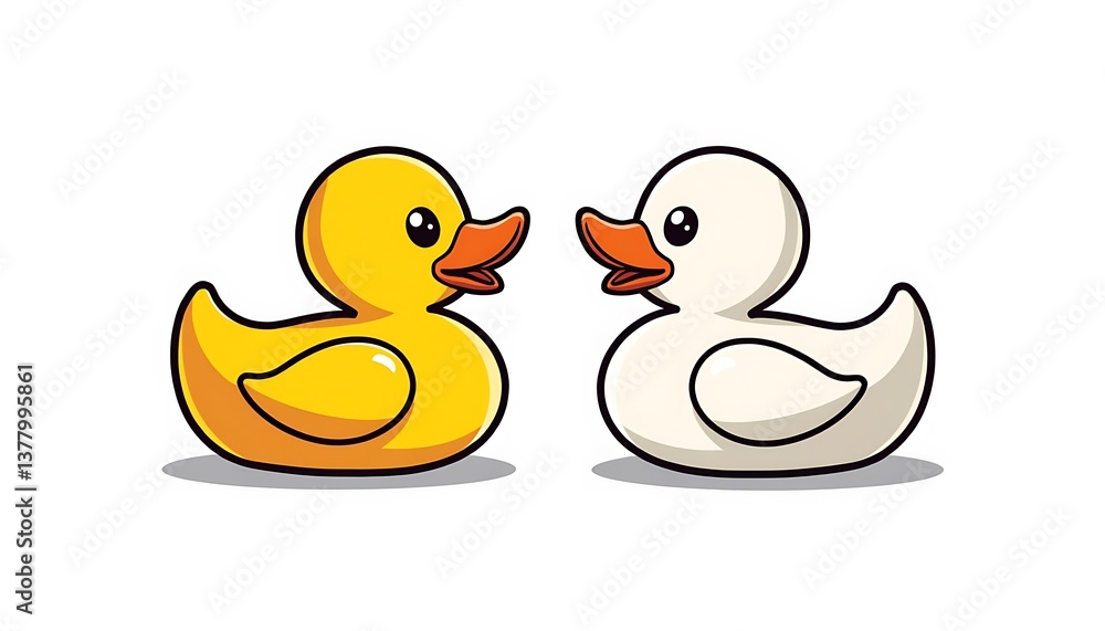 Fototapeta premium Minimalist illustration of two rubber duck toys, one yellow and one white, on a plain background.
