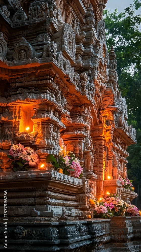 Obraz premium Temple ghat stone carving with glowing lamps evening atmosphere