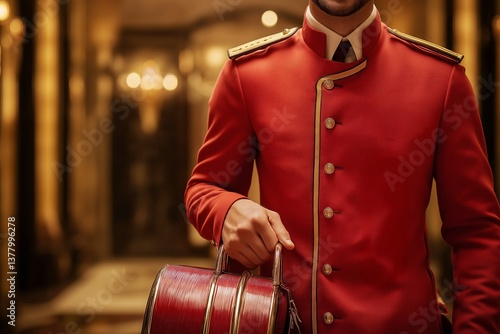 Hotel porter in red uniform holding luggage, luxury service concept, elegant golden interior background, traditional hospitality role, formal setting, copy space, selective focus
