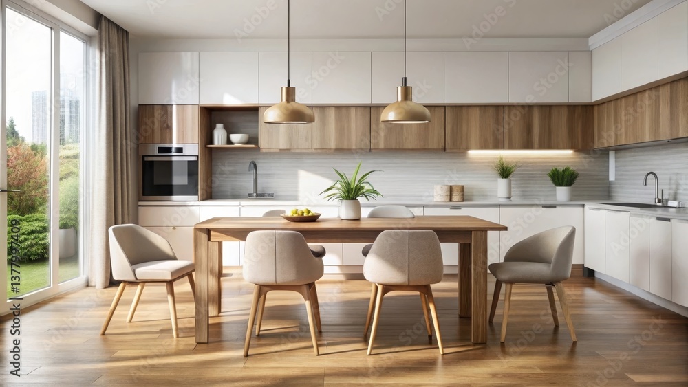 Modern kitchen design with light wood dining table and chairs, bright sunlight illuminating the space Modern kitchen design with light wood dining table and chairs, bright sunlight illuminating the space