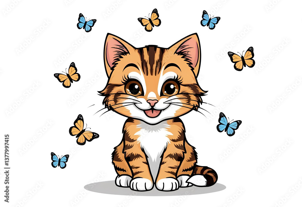 Obraz premium Whiskers and Wings: A captivating cartoon depiction of a playful kitten surrounded by a flurry of colorful butterflies, embodying the playful essence of youth and natural wonder.