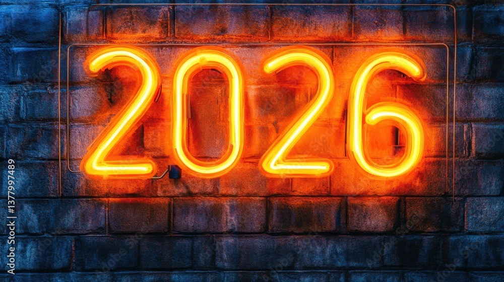 A glowing neon sign shaped as against a dark brick wall. A glowing neon sign shaped as against a dark brick wall.