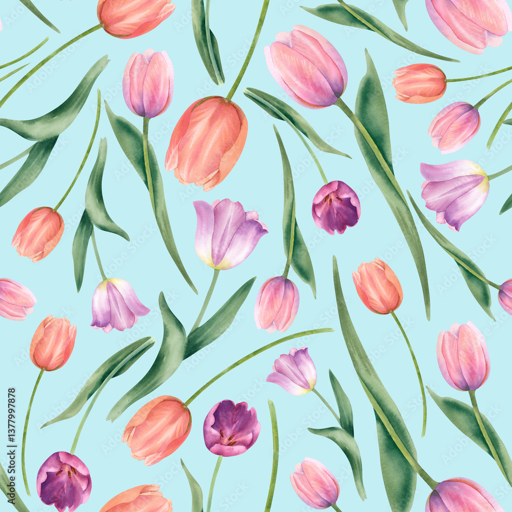 Tulips in delicate shades of pink and peach are hand-painted watercolor illustration on a blue background. Seamless pattern of spring flowers Fabric printing ornament, scrapbooking. Spring background Tulips in delicate shades of pink and peach are hand-painted watercolor illustration on a blue background. Seamless pattern of spring flowers Fabric printing ornament, scrapbooking. Spring background