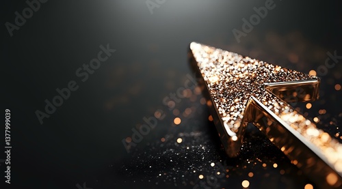 Obraz na płótnie Glowing golden arrow points upward against dark background with sparkling particles and bokeh lights creating dramatic business success concept. w salonie
