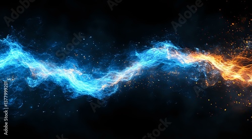 Cosmic energy wave with contrasting blue and orange flames flowing through dark space, creating dynamic motion effect against starry background. Suitable for sci-fi designs.