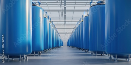 hydrogen sustainability economy concept. Rows of large blue storage tanks in a modern industrial setting.