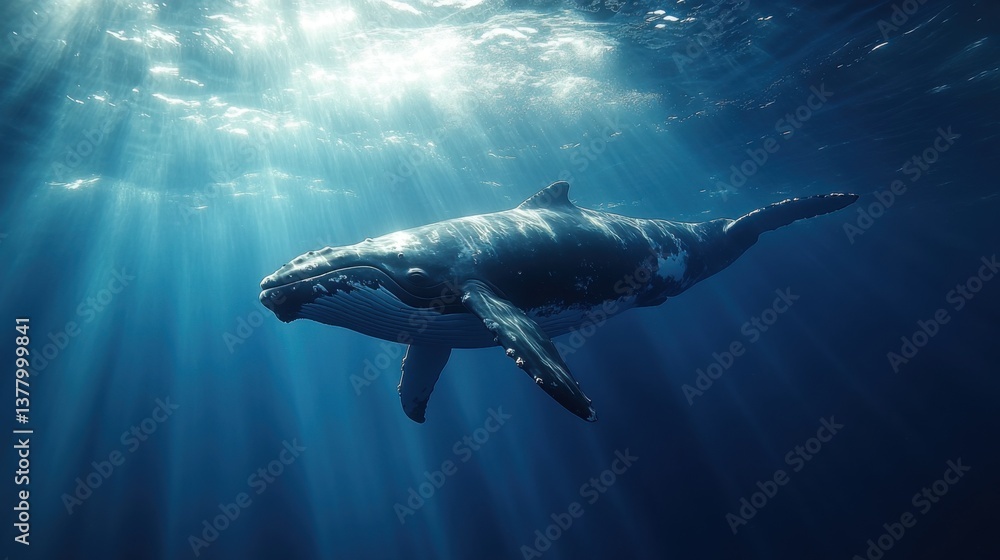 Fototapeta premium Pygmy right whale swimming in the blue ocean, with sun rays filtering through the clear water.