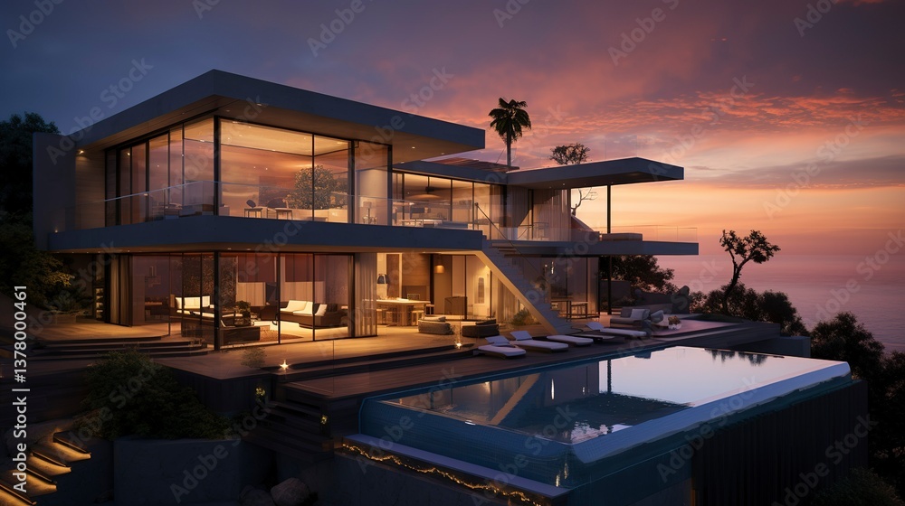 Fototapeta premium A photo of a triple-story modern villa at dusk. ,