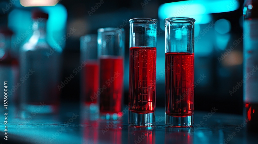 A table with a few glasses of red liquid on it A table with a few glasses of red liquid on it