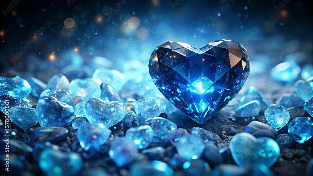 A luminous sapphire heart rests on a bed of smaller, faceted gems, glowing with an inner light, creating a captivating scene of exquisite beauty and precious stones. A luminous sapphire heart rests on a bed of smaller, faceted gems, glowing with an inner light, creating a captivating scene of exquisite beauty and precious stones.