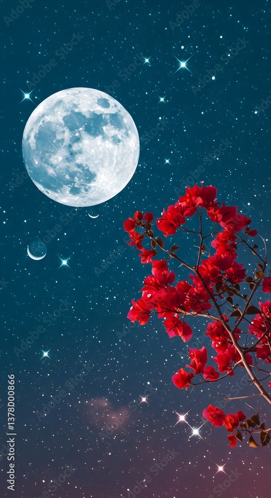 Naklejka premium Full Moon and Red Blossom Branches Against Starry Night Sky, Nighttime Floral Scene with Moonlight and Sakura Blooms, Full Moon and Red Flowers Under a Starry Sky 