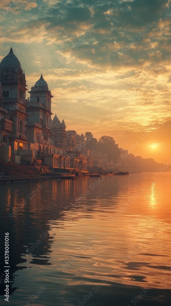 Fototapeta premium The sunrise over a river ancient ghats glowing horizon