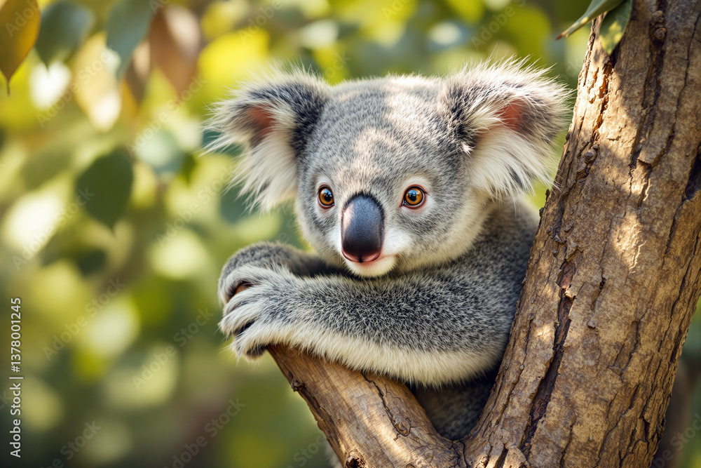 Fototapeta premium Adorable koala clinging to a tree branch in a lush forest background.